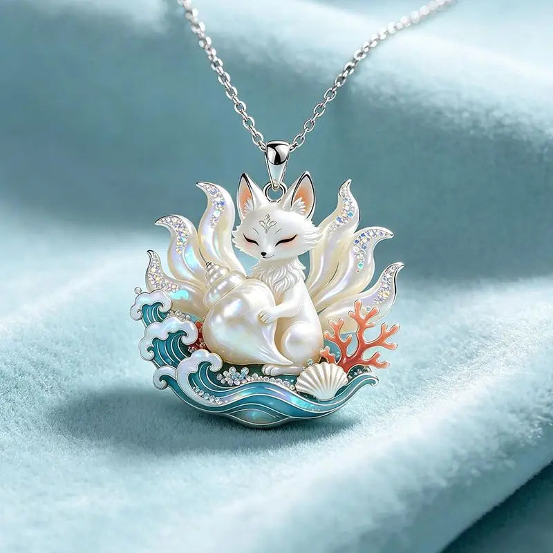 Nine-Tailed Fox Enamel Pendant Necklace | Chinese Mythology