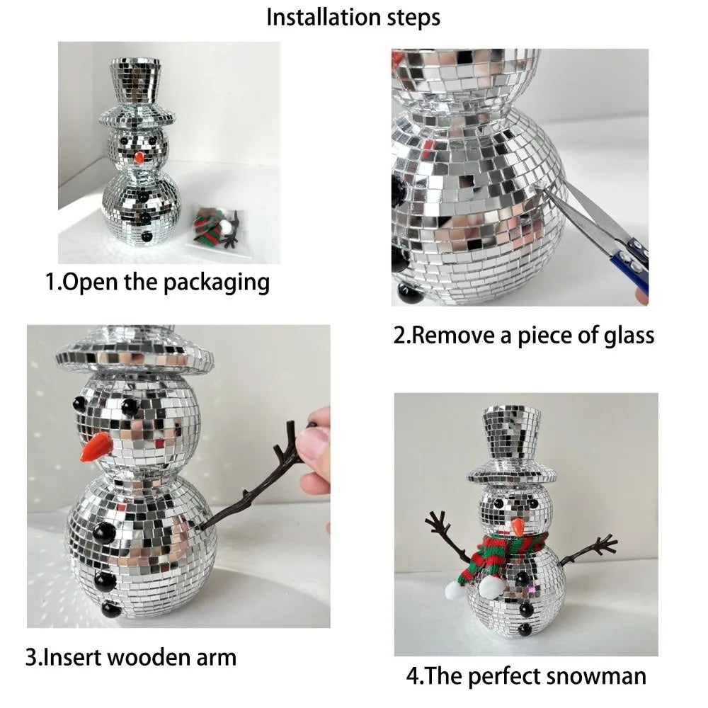 Silver Mirror Disco Ball Snowman Ornament with Knitted Scarf