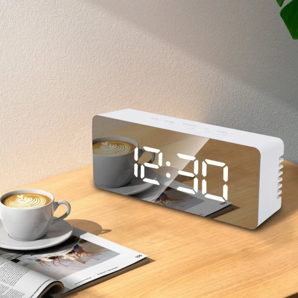 LED Mirror Digital Alarm Clock – USB Night Light Desk Clock