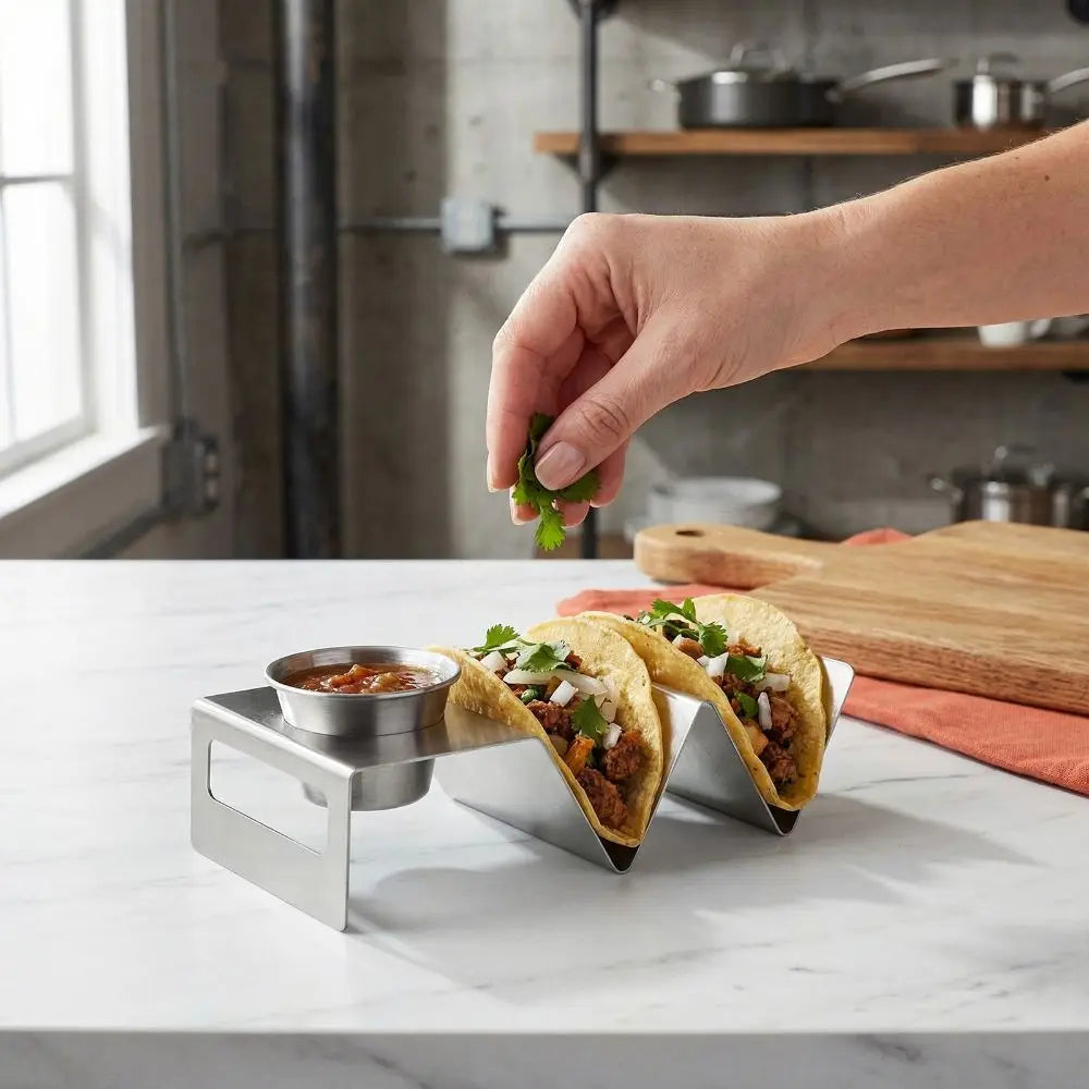 Stainless Steel Taco Holder with Sauce Cup | Dishwasher Safe