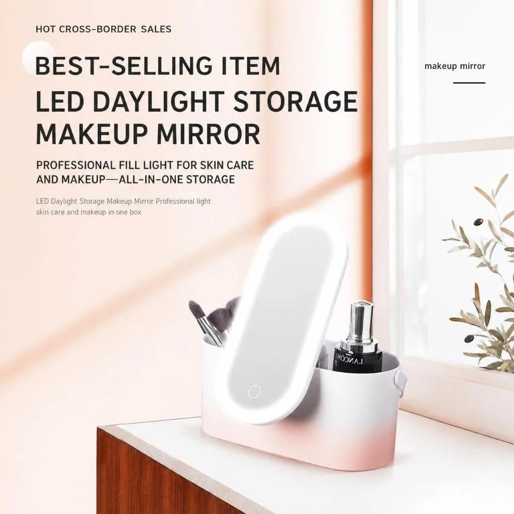 LED Makeup Mirror with Storage Case – Touch Control & USB