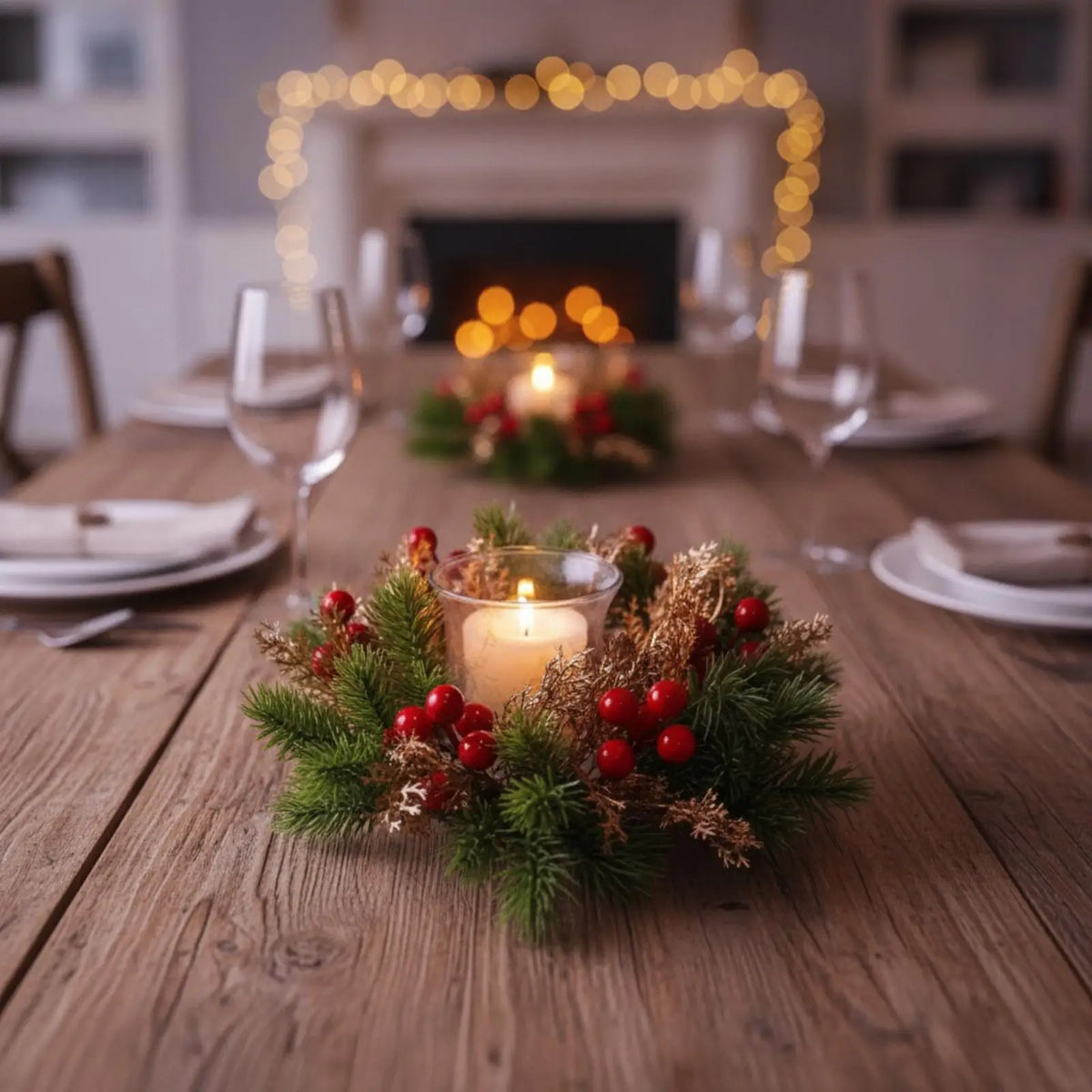 Mini Christmas Wreath Tabletop Centerpiece & Glass Candle Holder
