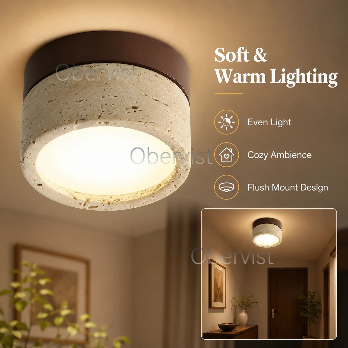 Wabi-Sabi Travertine LED Flush Mount Ceiling Light | Cave Stone