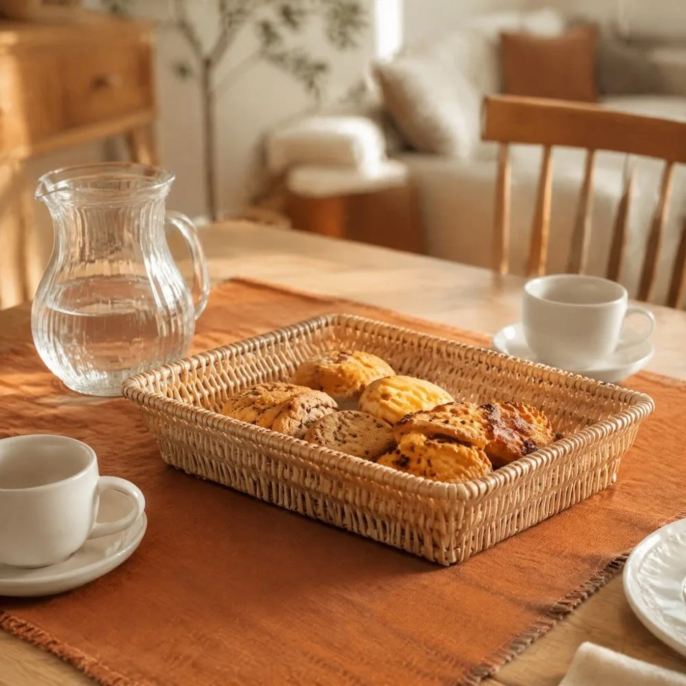 Woven Wicker Serving Tray & Bread Basket – Rectangle Storage