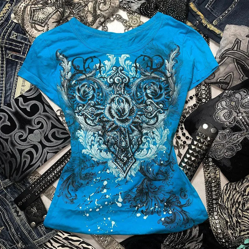 Women's Y2K Rhinestone Heart Rose Grunge T-Shirt | Harajuku Top