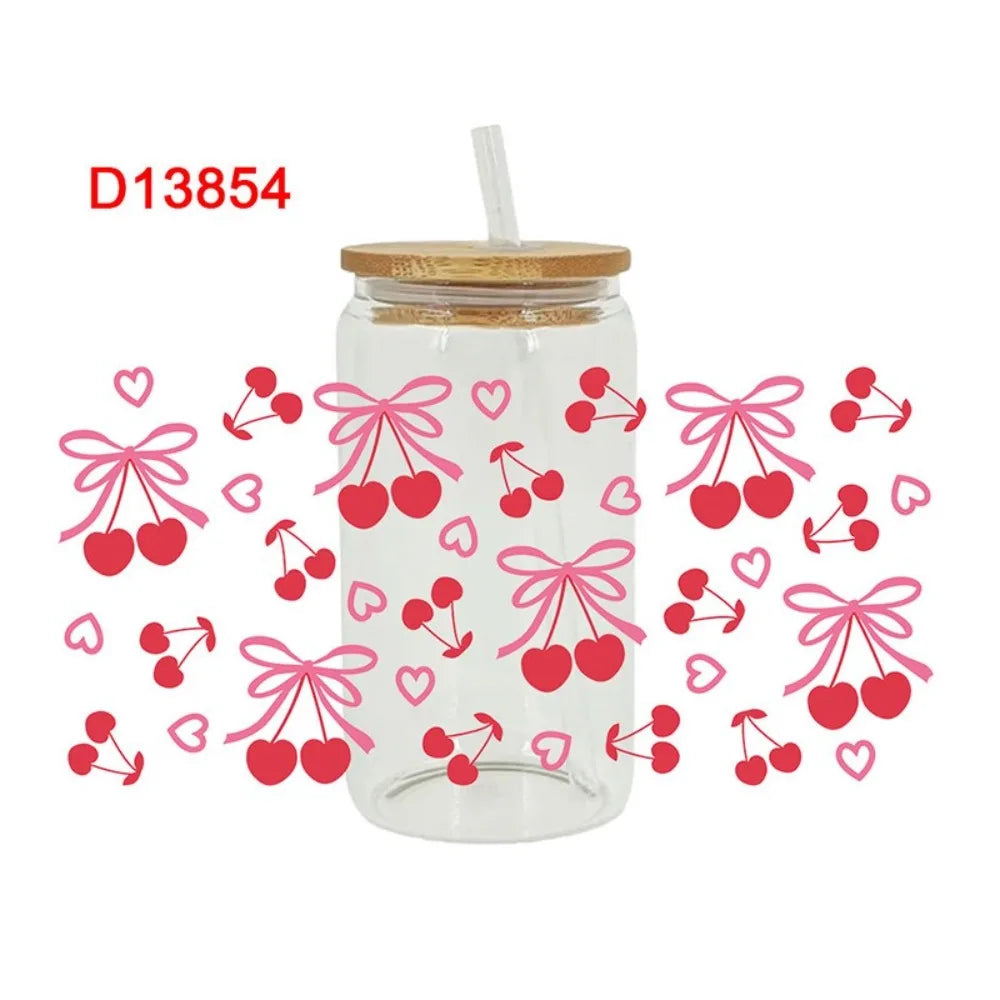 UV DTF Pink Bow Sticker – Waterproof Wrap for 16oz Glass Cups
