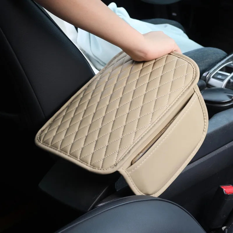Universal Car Armrest Box Cover – Leather Console Cushion + Pocket