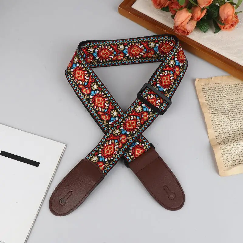 Embroidered Guitar Strap – Adjustable PU Leather & Cotton