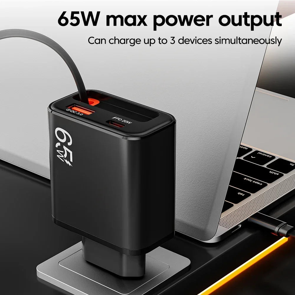 65W USB-C Wall Charger QC 3.0 PD + Retractable Cable