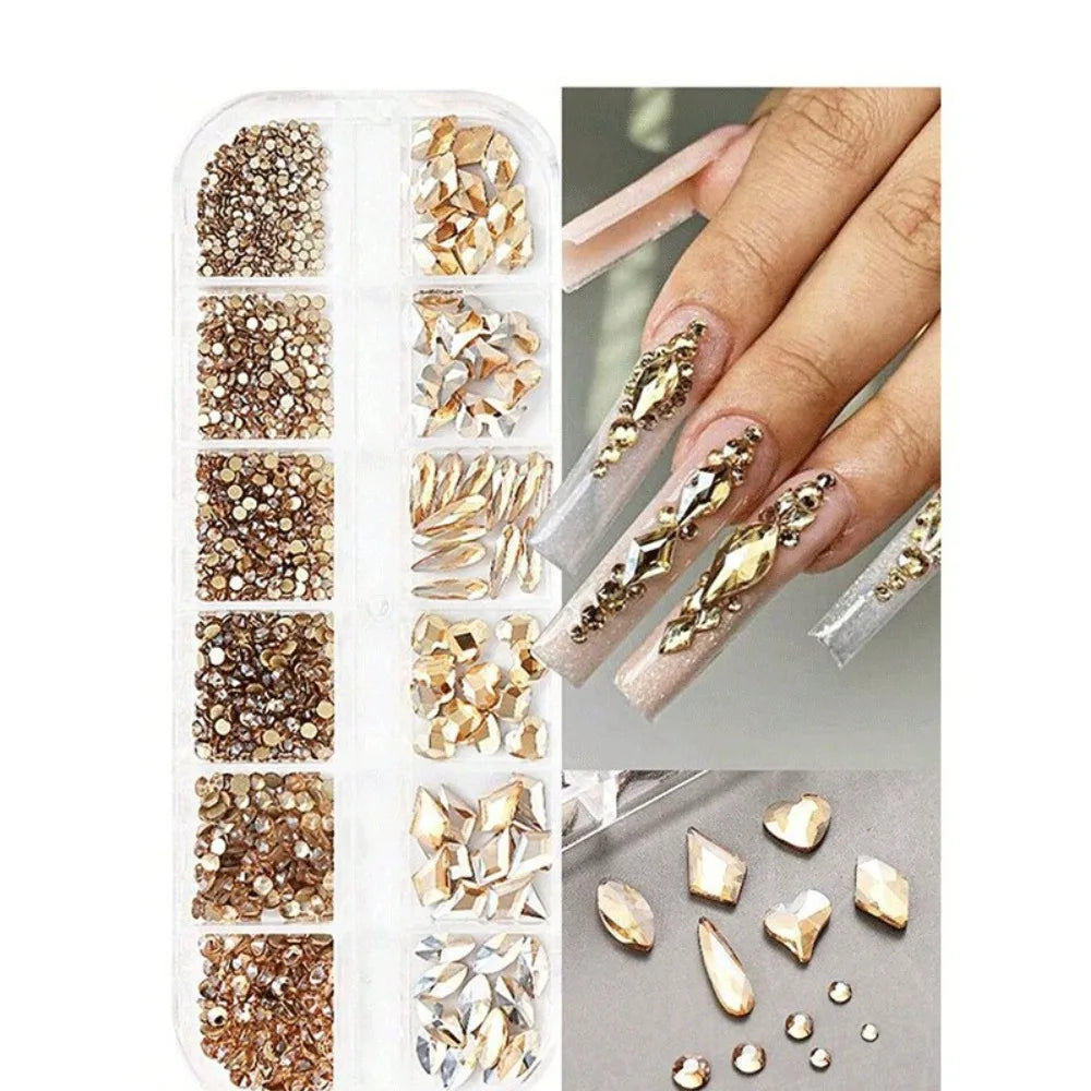 12-Grid 3D Nail Art Rhinestones – Mixed Flatback Gems & Charms