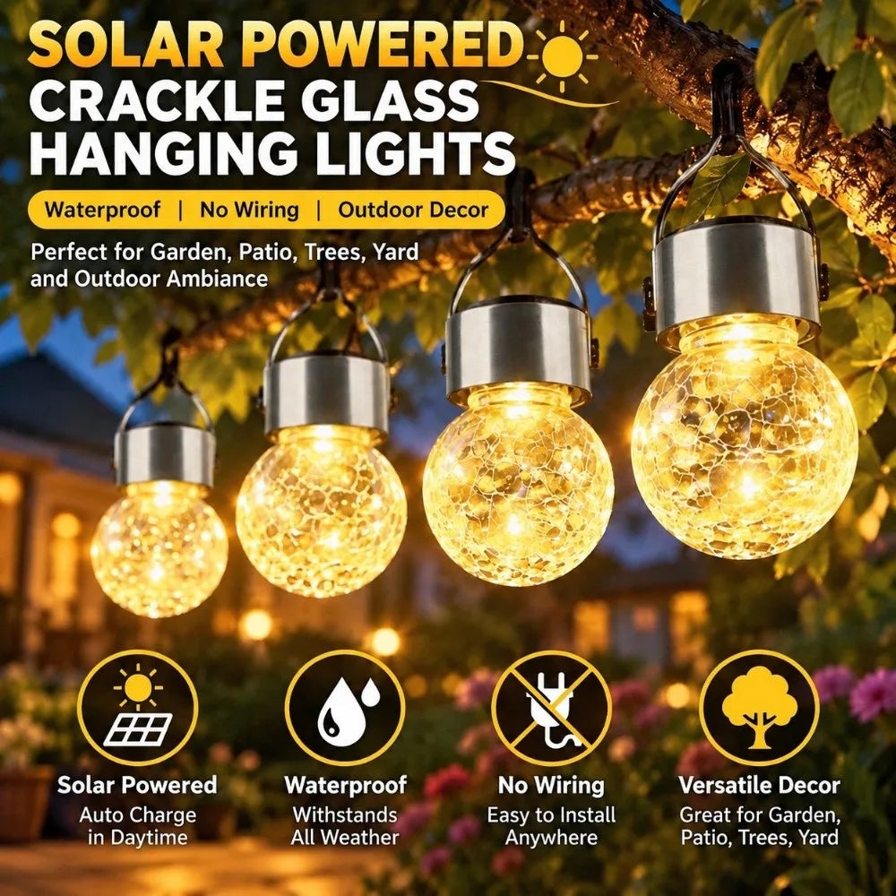 Solar Hanging Lantern – Waterproof Crackled Glass Garden Globe