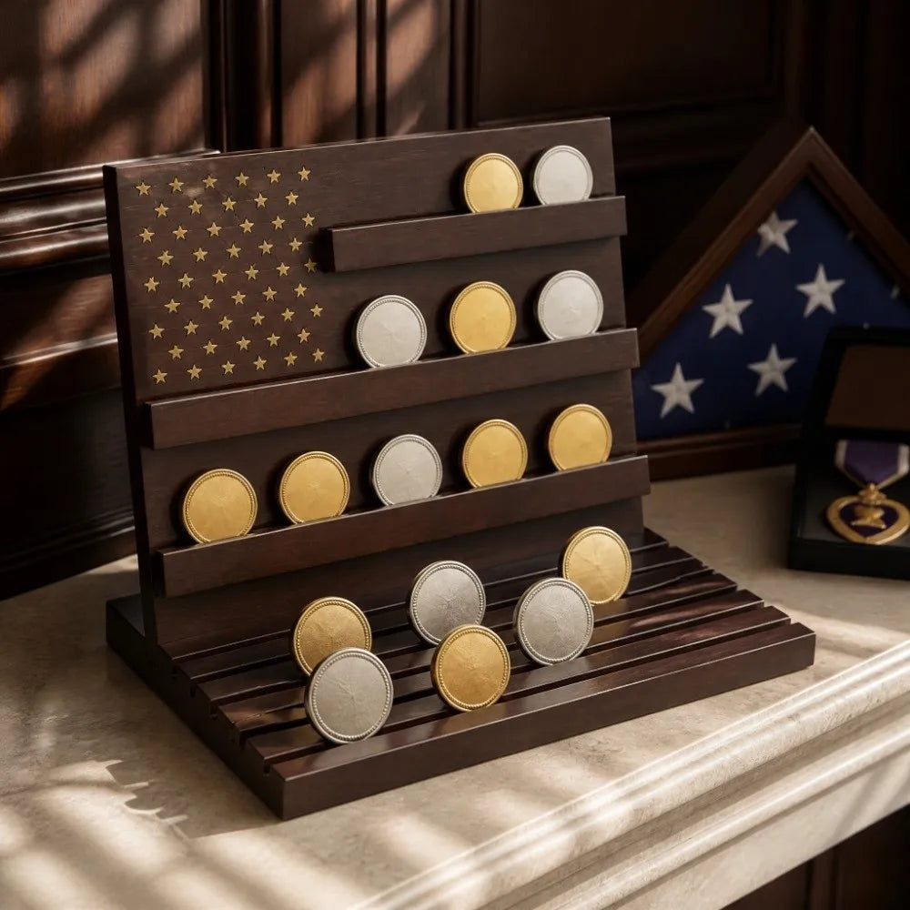 Solid Wood Challenge Coin Display Stand – Holds 80 Coins