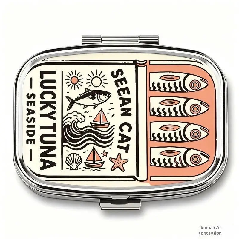 Sardines Print Metal Pill Box – 2-Compartment Travel Organizer