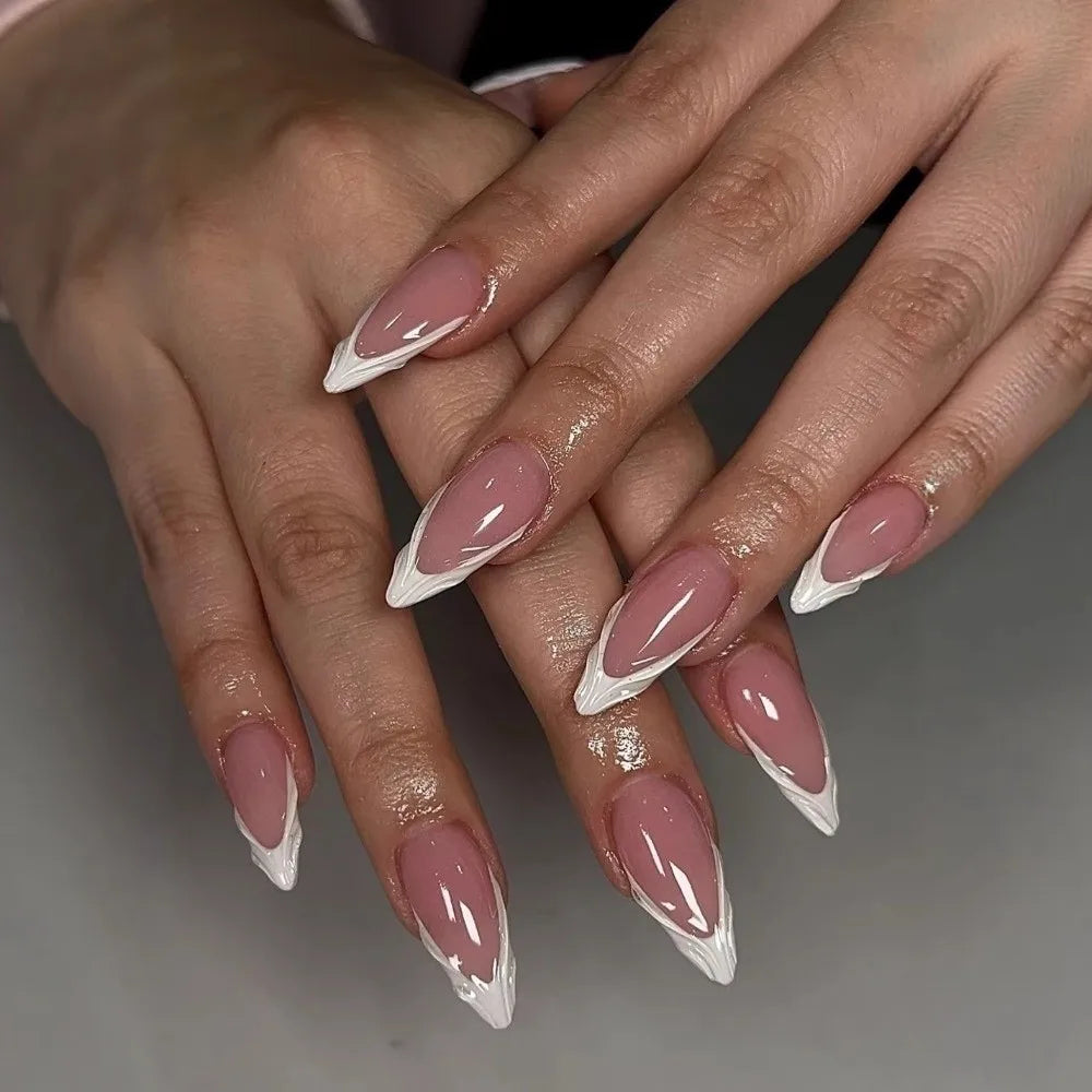 24-Pack French Almond Press On Nails – Pink Flower Full Cover