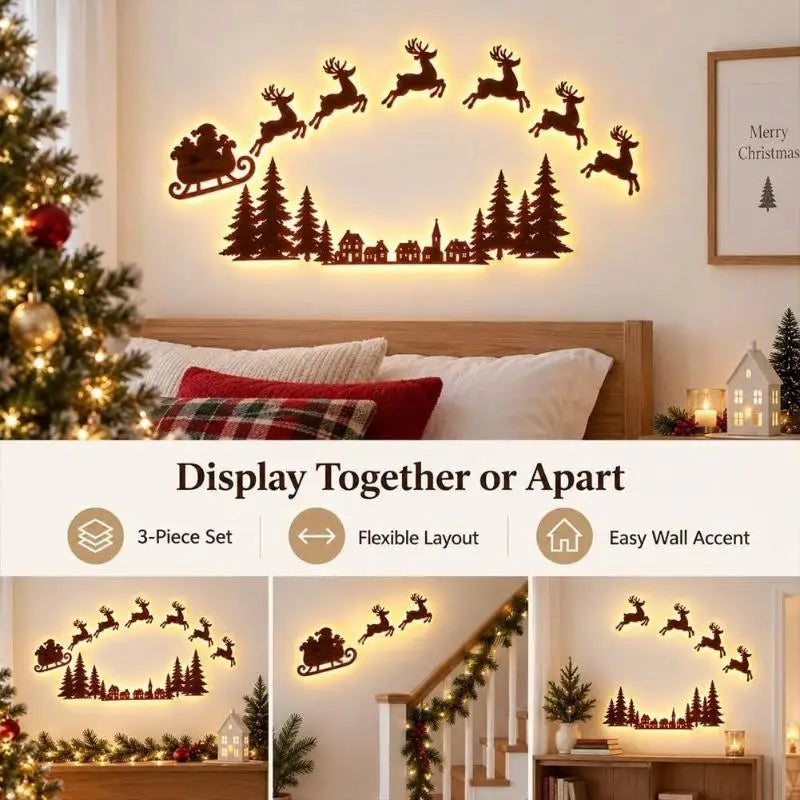 Lighted Santa Sleigh Reindeer Christmas Wall Décor Remote Set