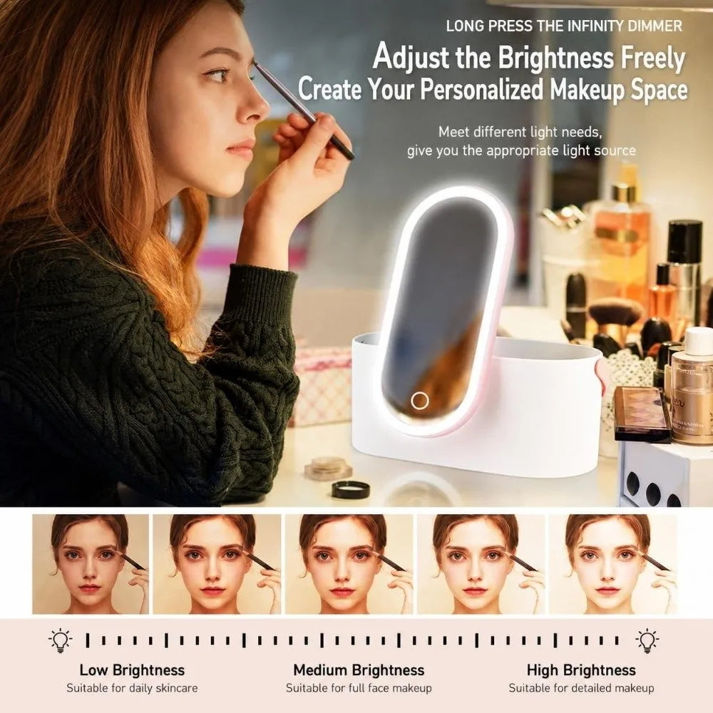 LED Makeup Mirror with Storage Case – Touch Control & USB