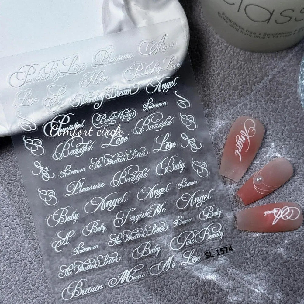 3D Embossed Letter Nail Stickers – Black & White Art Decals