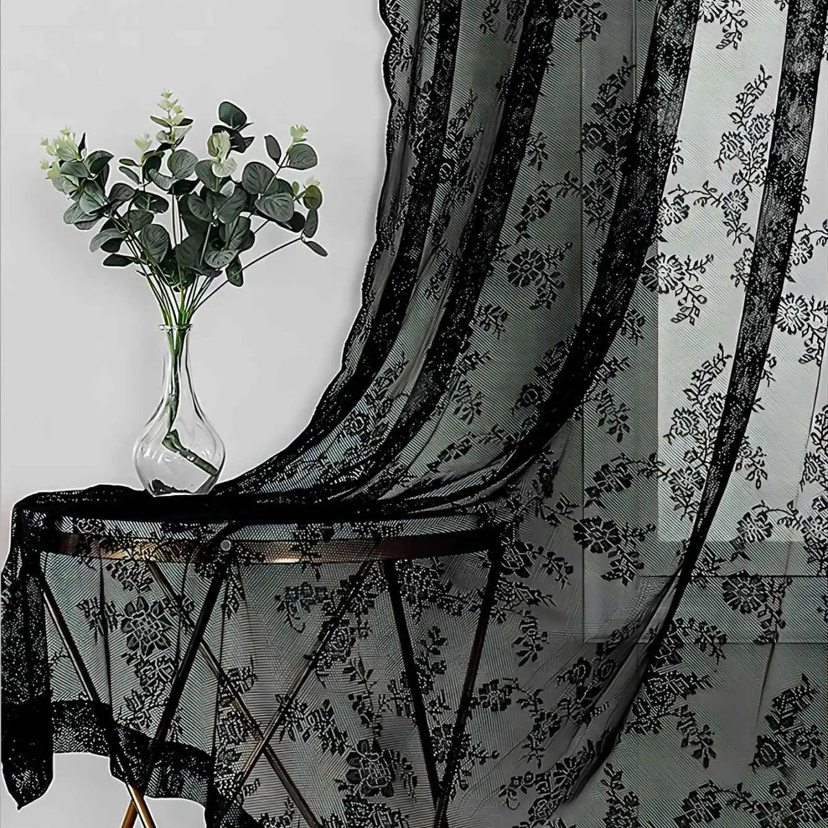 Black Floral Lace Voile Sheer Curtain – Rod Pocket Tulle Panel