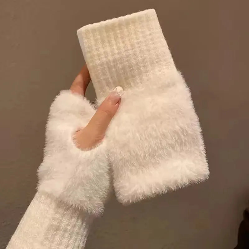 Women's Plush Fingerless Gloves – Warm Half-Finger Wrist Mittens
