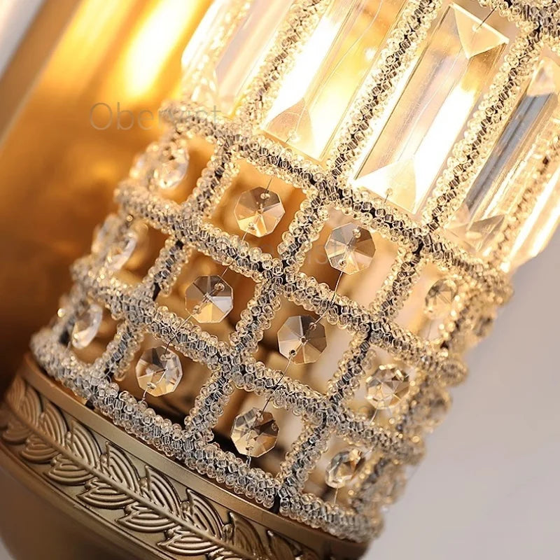 Vintage Crystal LED Wall Sconce | Gold Cylindrical Wall Lamp