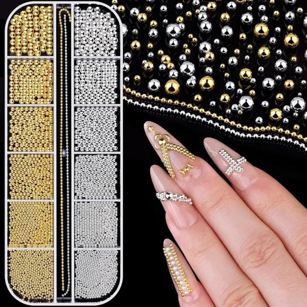 12-Grid 3D Nail Art Studs – Metal Beads, Pearl & Charms Set