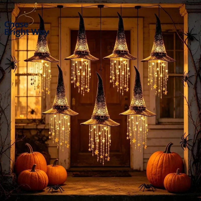 LED Witch Hat Wind Chime Hanging Decoration – Wrought Iron 30cm