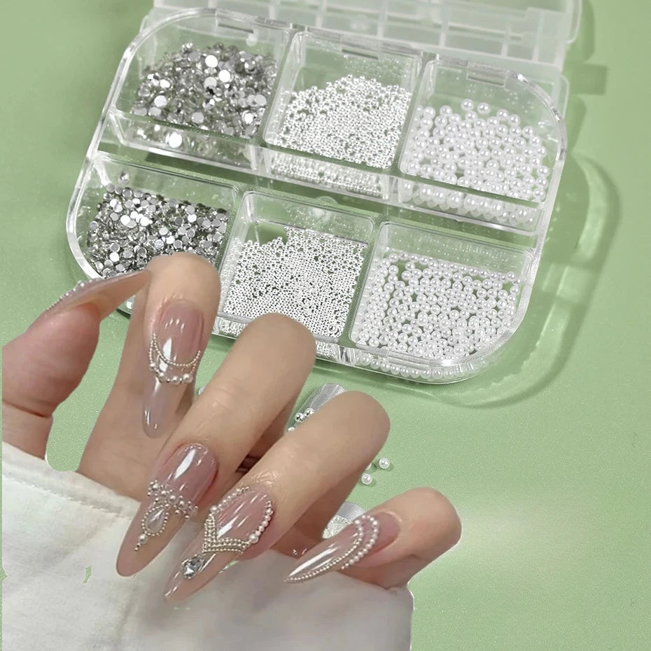 6-Grid 3D Nail Art Rhinestones – Pearls, Beads & Gems Kit