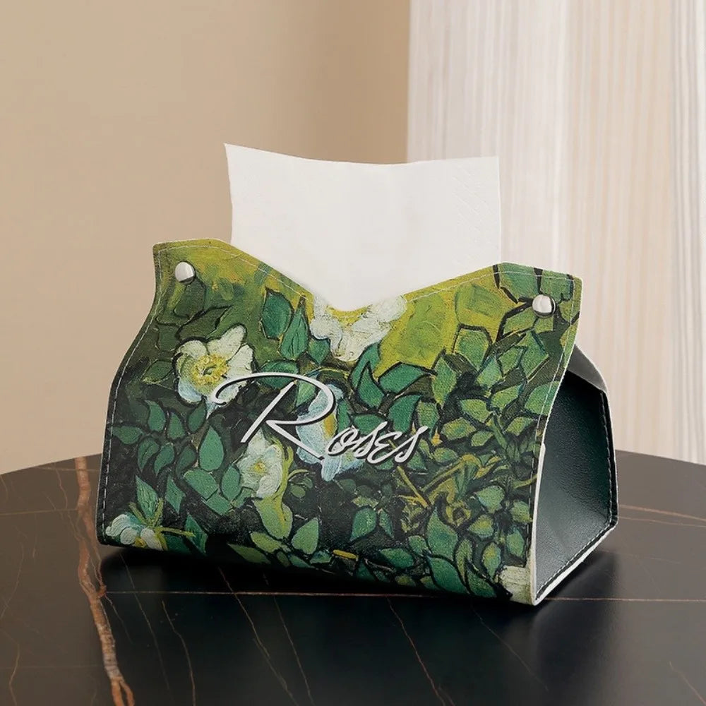 Vintage PU Leather Tissue Box Cover – Oil Painting Decor
