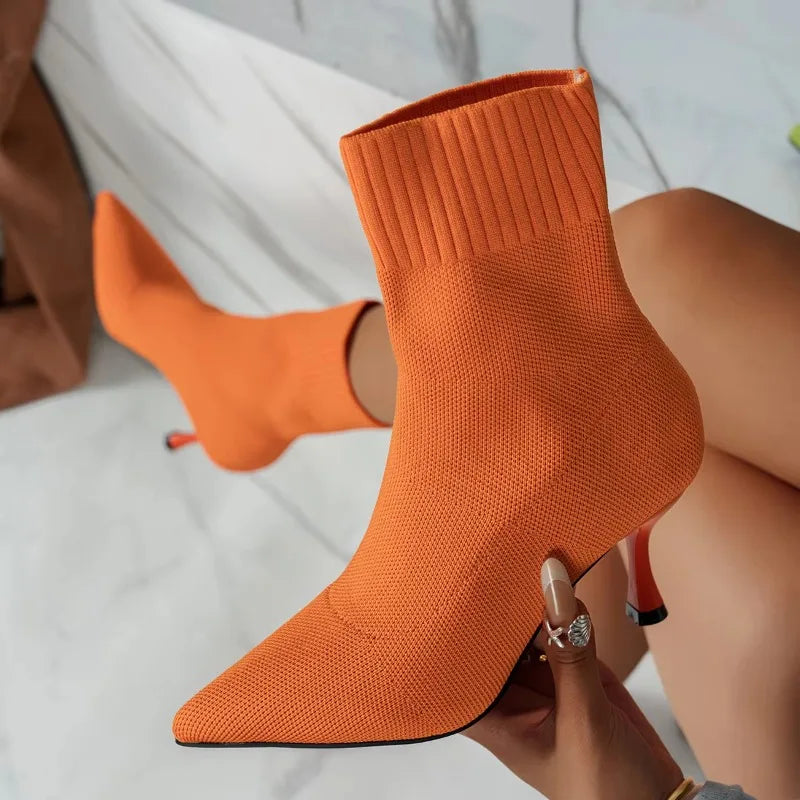 Women's Stretch Chelsea Ankle Boots Pointed Toe High Heel