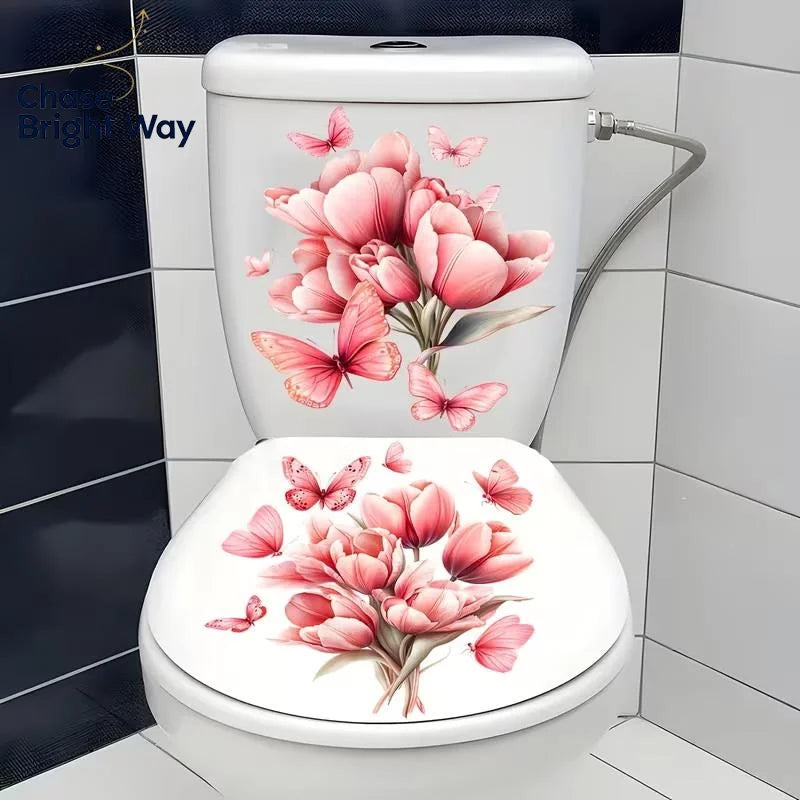 Floral Toilet Lid & Bathroom Wall Sticker – Waterproof PVC