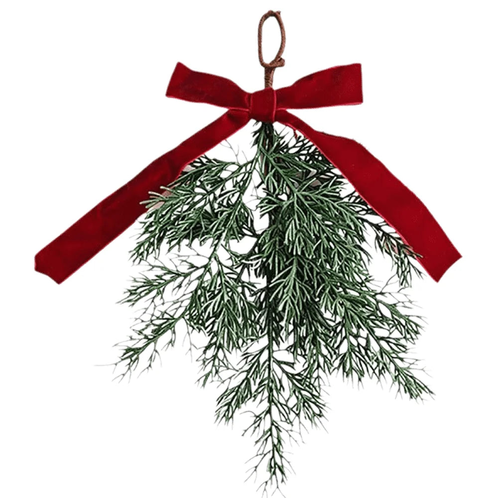Red Velvet Bow Artificial Pine Branch Christmas Swag Ornament