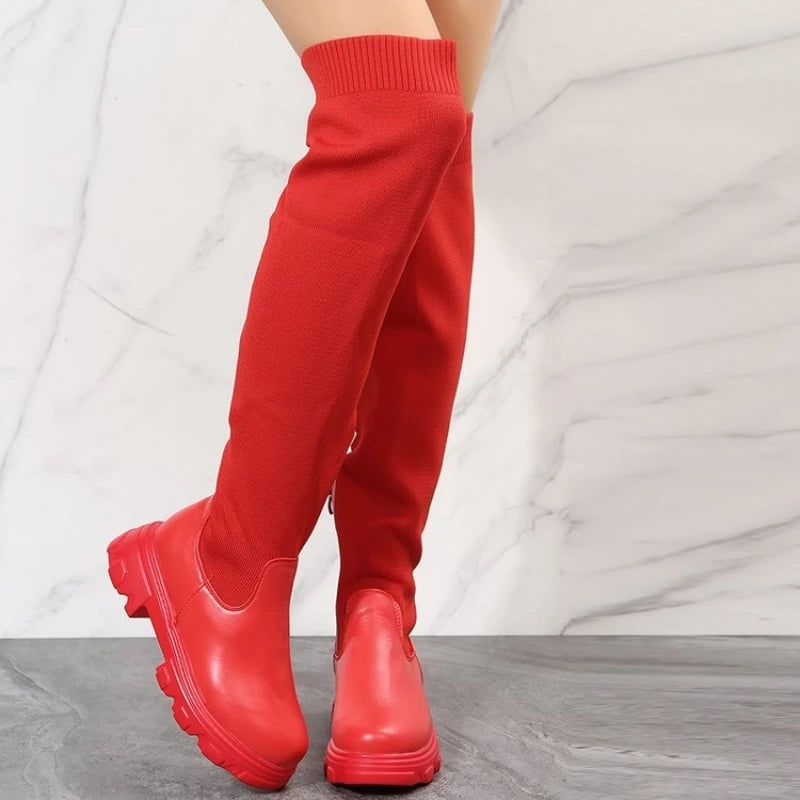 LEDP Women's Over-The-Knee Stretch Platform Sock Boots