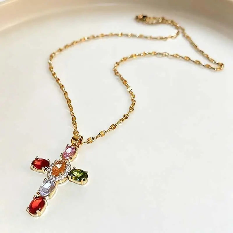 Y2K Colorful Zirconia Cross Pendant Necklace | Crystal Choker