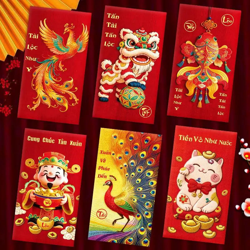 6-Pack 2027 Year of Goat Vietnamese Lucky Red Envelopes Lì Xì
