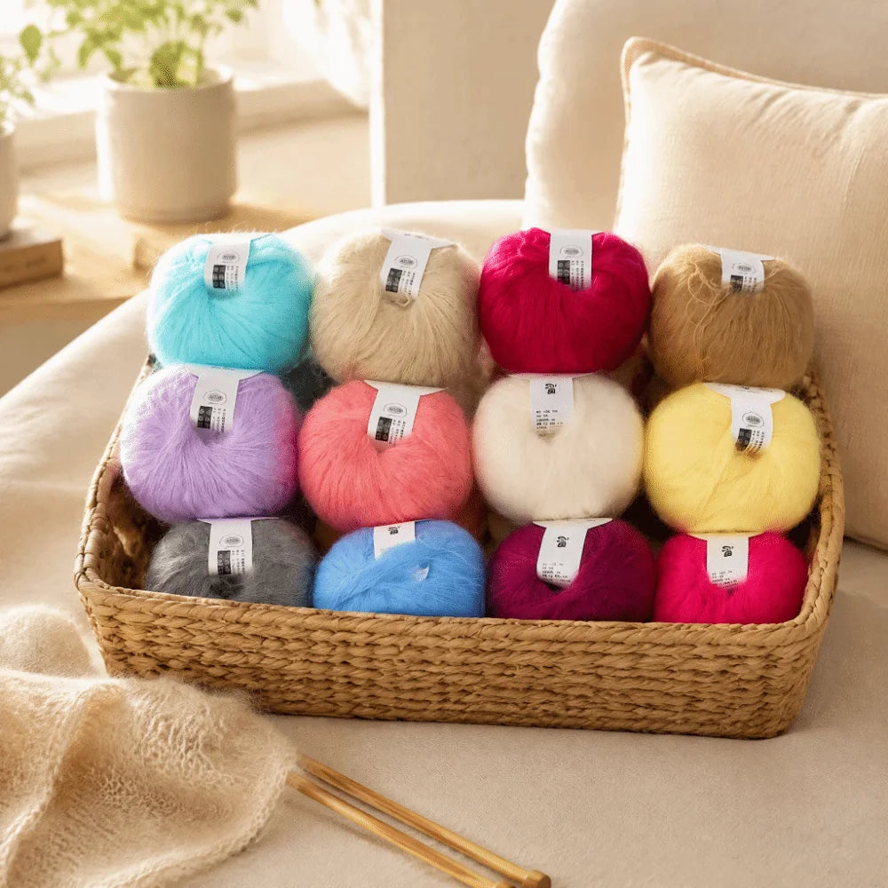 12-Color Mohair Angora Yarn Set – Soft Knitting & Crochet Yarn