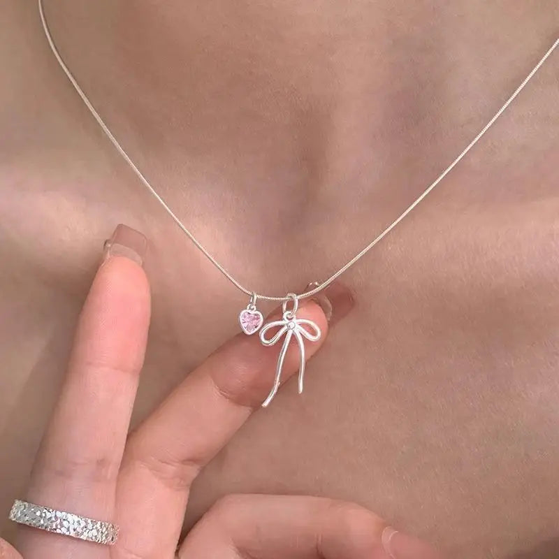 Pink Zircon Bow Pendant Necklace – Adjustable Chain for Women