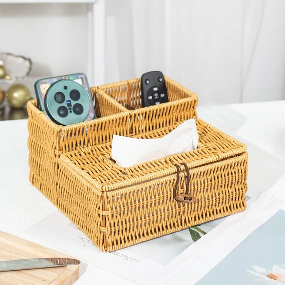 Woven Tissue Box Organizer – Handmade Rattan Desktop Storage