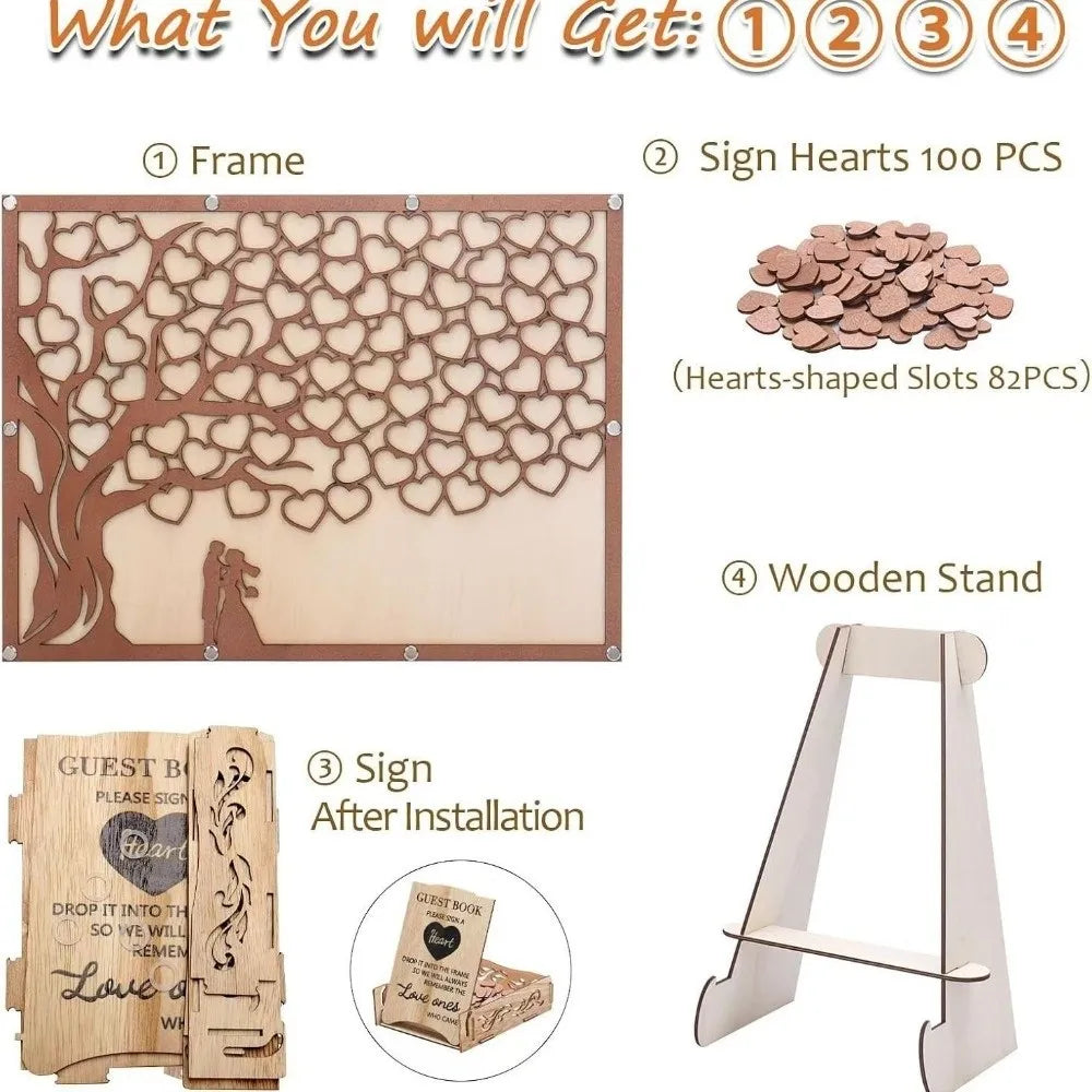 Wooden Hearts Wedding Guest Book – Tree Design Sign Set