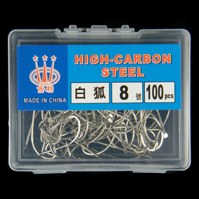 100-Pack Barbed Fishing Hooks – High Carbon Steel Boxed