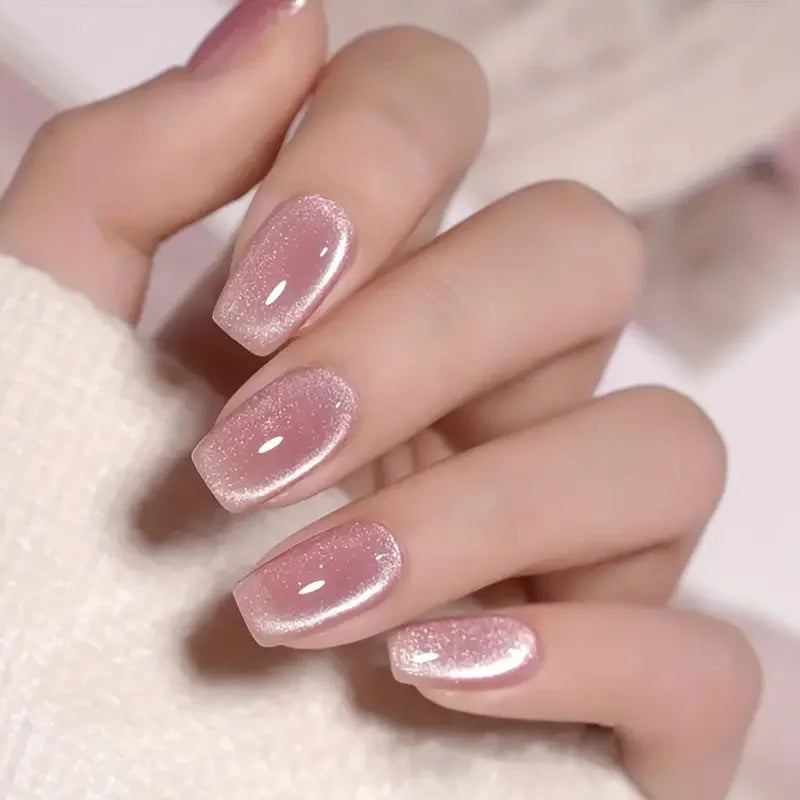 24pcs Short Square Press On Nails – Cat Eye Glitter Ballet Tips