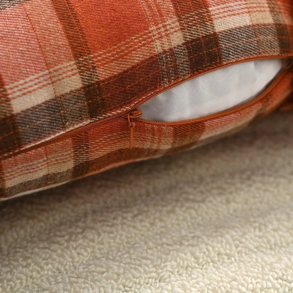 Tartan Plaid Throw Pillow Cover 18x18 Burnt Orange Ruffle Trim