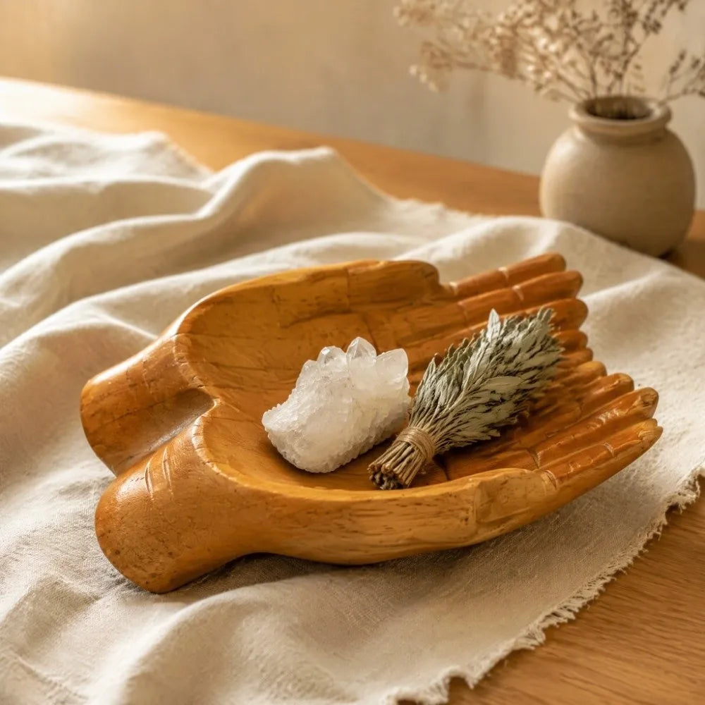 Wood Carved Hands Bowl – MDF Crystal Display Tray Décor