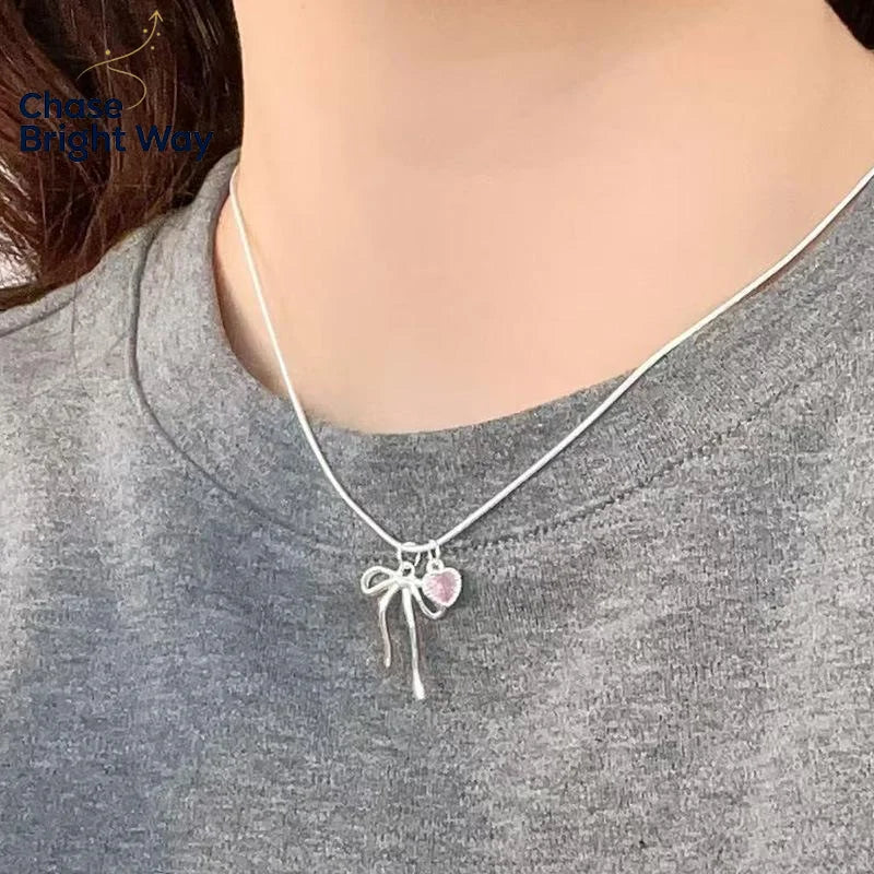 Pink Zircon Bow Pendant Necklace – Adjustable Chain for Women