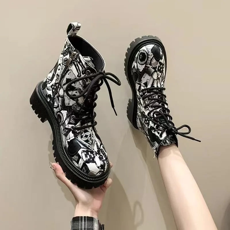 Women's Gothic Platform Ankle Boots – Printed Lace-Up Moto Style