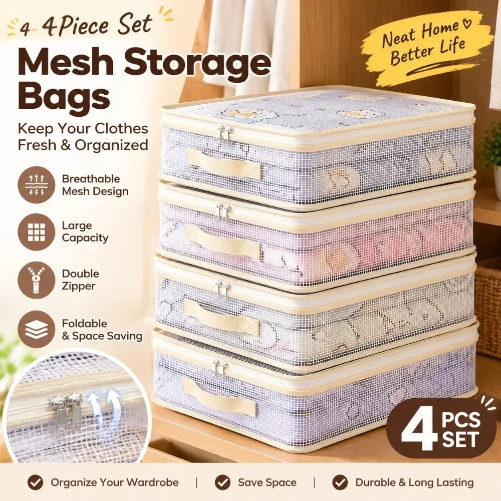 4-Pack Stackable Foldable Mesh Storage Bags – Wardrobe Organizer