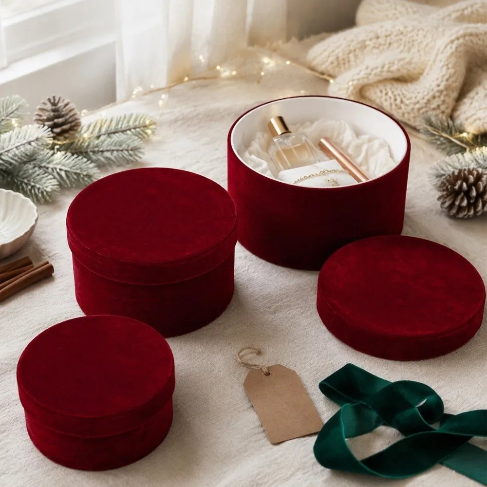Set of 3 Velvet Round Christmas Gift Boxes – Assorted Sizes