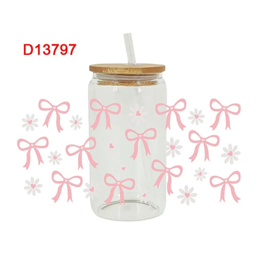 UV DTF Pink Bow Sticker – Waterproof Wrap for 16oz Glass Cups
