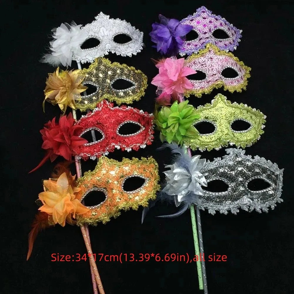 Venetian Handheld Masquerade Mask – White Lace & Feather