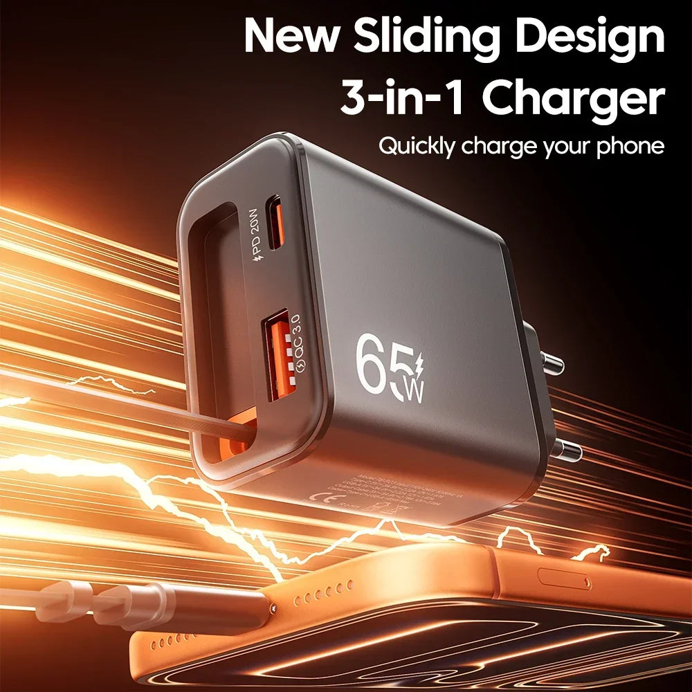 65W USB-C Wall Charger QC 3.0 PD + Retractable Cable