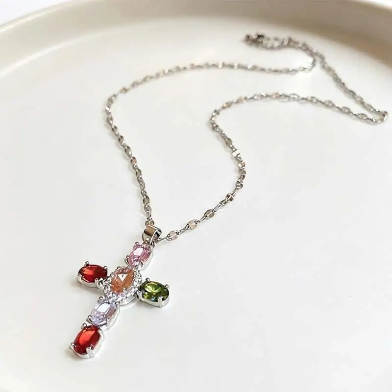 Y2K Colorful Zircon Cross Pendant Necklace | Crystal Choker